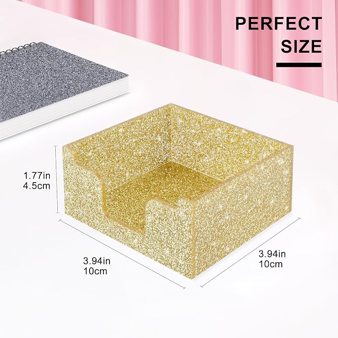 Rouidr Acrylic Sticky Note Holder, Self Stick Note Pad Holder, Gold | 3.94 x 3.94 Inch Glitter Memo Pad Dispenser Organizer for School Office Home Desk Supplies