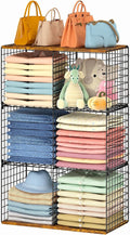 Free-standing Sturdy Tall 6-Cube Closet Organizer Storage Wire Basket Shelf with Wood Top for Wardrobe Bedroom Closet, Stackable Space-saving Clothing Shelves for Clothes, Sweaters, Pants, Handbags