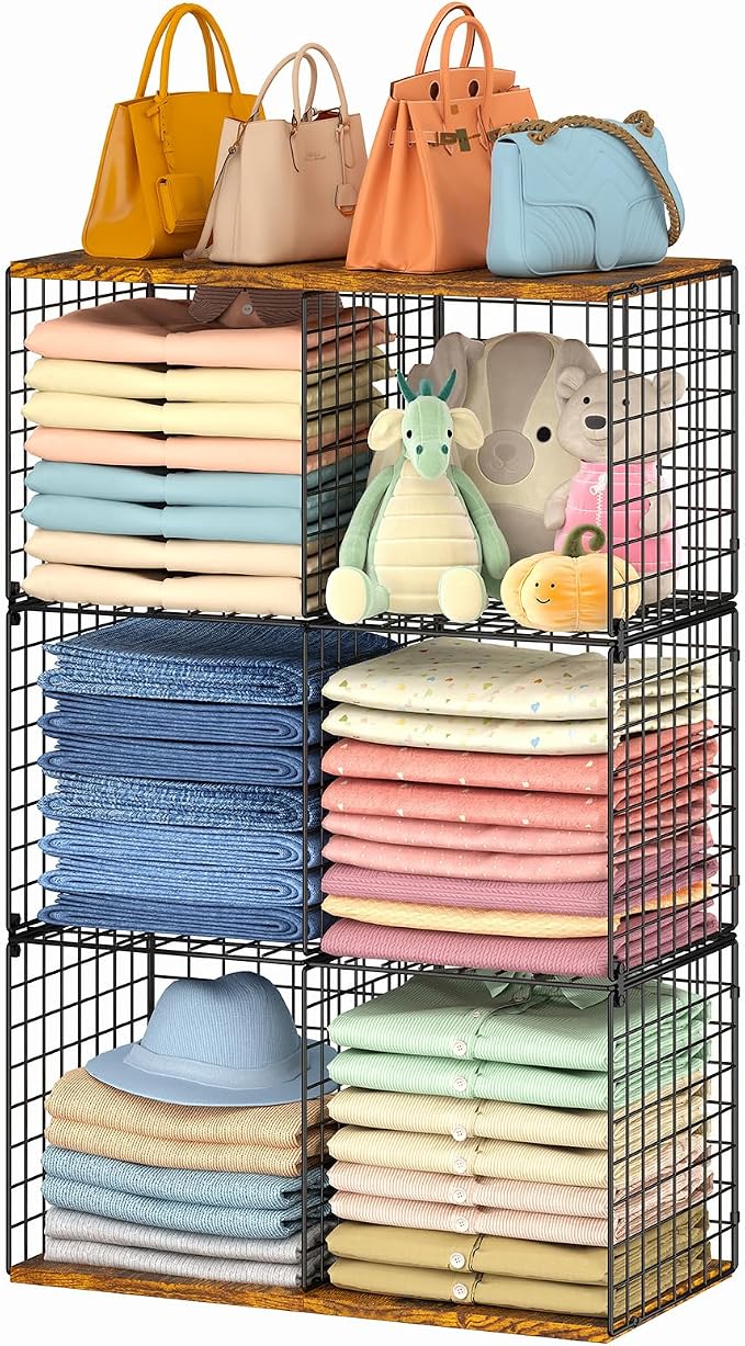 Free-standing Sturdy Tall 6-Cube Closet Organizer Storage Wire Basket Shelf with Wood Top for Wardrobe Bedroom Closet, Stackable Space-saving Clothing Shelves for Clothes, Sweaters, Pants, Handbags