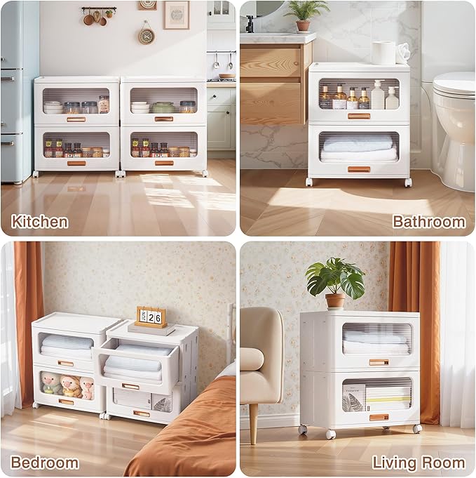 VECELO Storage Cabinet with Drawer, Pull-Out Stackable Bins with Wheels, Waterproof Modular Organizer, Multi-Tier Closet Storage for Bedroom, Living Room & Bathroom, Large 2-Tier