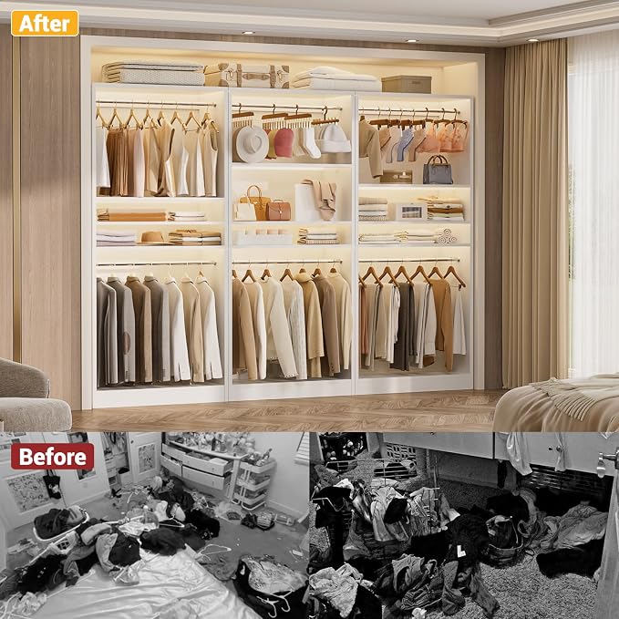 Unikito 72'' Closet System with 4 Hanging Rods, Walk-in Clothing Organizer, 2-Piece Wood Garment Rack for Bedroom, White