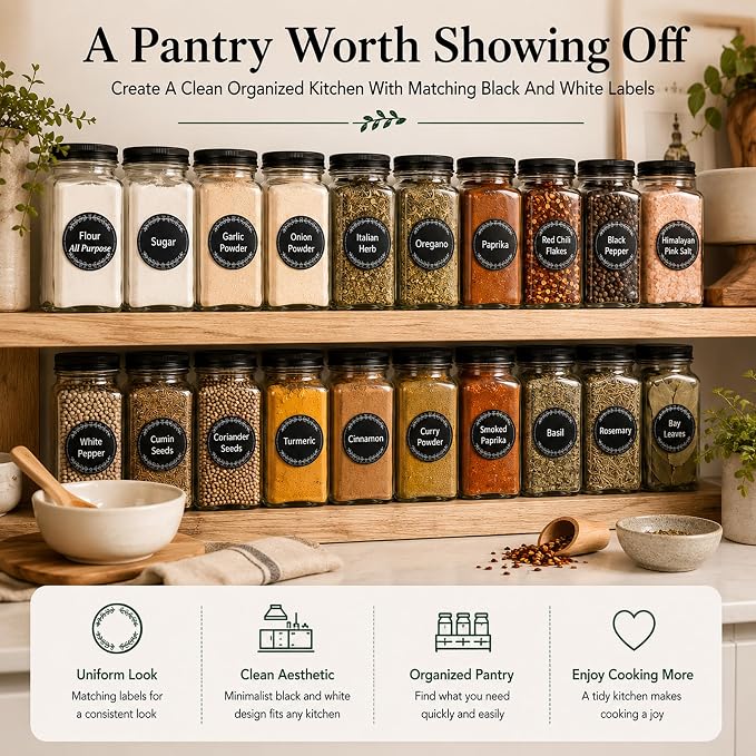 665 Spice Labels Book with A-Z Index, Black Round Pantry Stickers