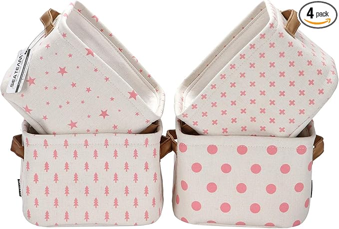 Sea Team Collapsible Small Canvas Fabric Storage Basket with Handles, Square Mini Storage Box, Cube, Foldable Shelf Basket, Closet, Desk Organizer for Nursery, Home, Office (Pink, Set of 4)