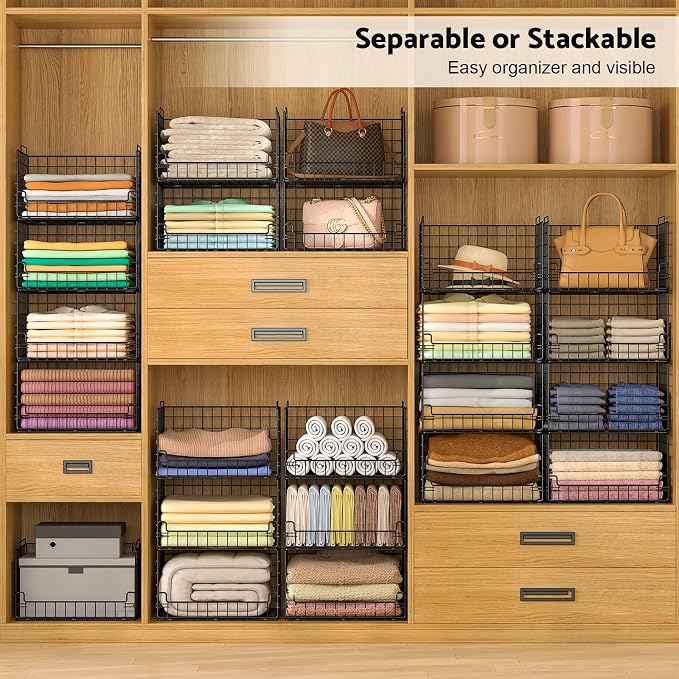 6-Tier Stackable Closet Organizers and Storage Basket - Foldable Closet Shelf Organizer System, Sturdy Metal Space-Saving Clothes Storage Bins for Wardrobe, Black