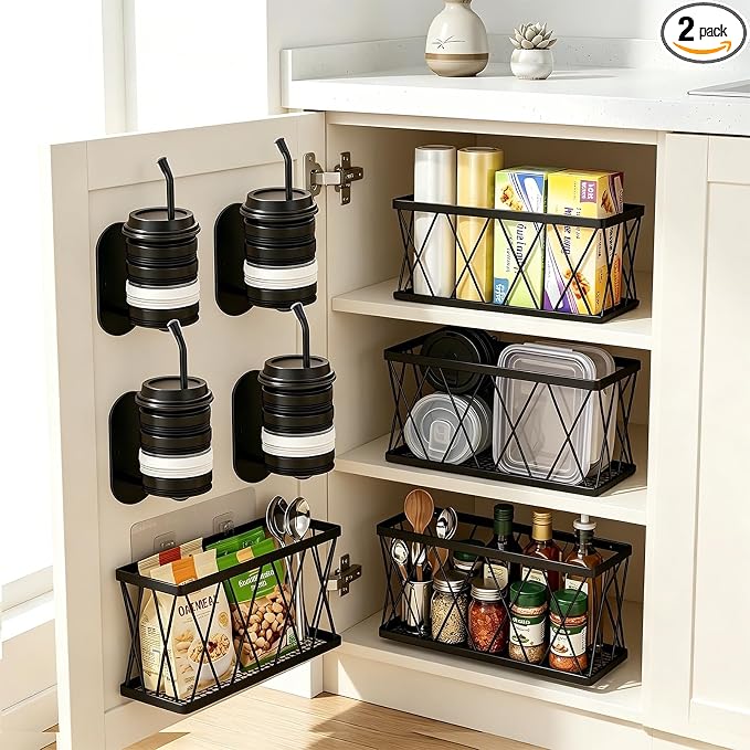 8 Pack Cabinet Door Organizer,No Drill Adhesive Metal Pot Lid Holder with 4 Storage Baskets &4 Tumbler Lid Holders,Rustproof Inside Cabinet Food Container Lid Storage Rack for Kitchen Pantry Bathroom