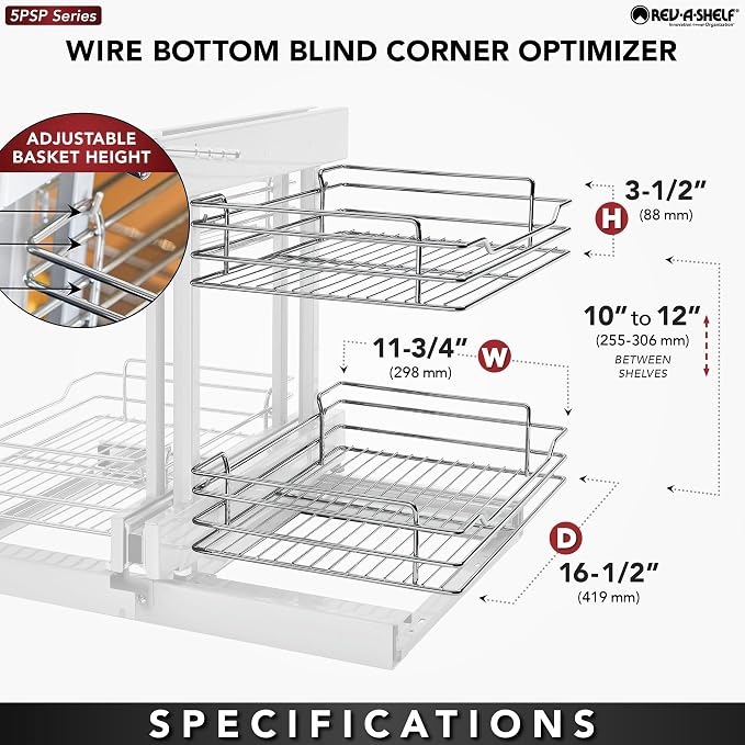 Rev-A-Shelf Chrome Two-Tier Wire Bottom Pullout Organizer with Soft-Close for Blind Corner Base Kitchen Cabinets, Adjustable 4-Basket Storage System, Min Opening Width of 15", 5PSP-15SC-CR