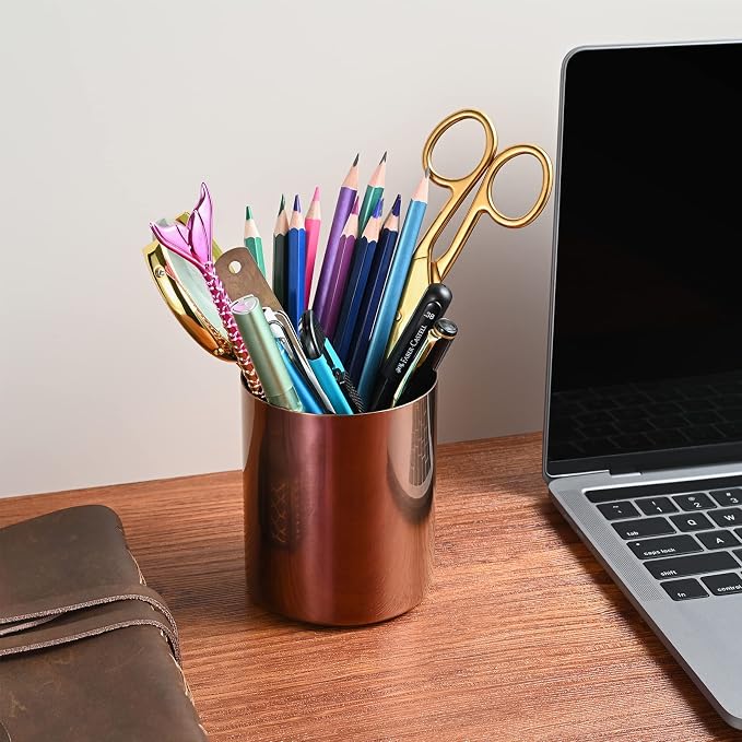 Rose Gold 304 Stainless Steel Pen Holder & Pencil Cup, Metal Desk Caddy & Desktop Stationery Organizer, Mirror Finish & Vacuum Plating(2-Piece Set)