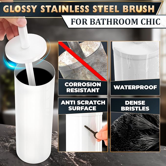 Stainless Steel Toilet Brush and Holder Set, Splash Guard (White) | White Toilet Bowl Brush and Holder Set, Removable Bowl, Dense Bristles, Long Handle, Scratch Resistant, for Modern Bathrooms