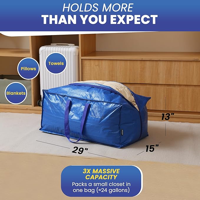 AXIESO Extra Large Moving Bags - 8-Pack Heavy Duty Storage Duffel - Sturdy Backpack Straps Handles, Zippers - Reusable Moving Storage Bags for Clothes - Folding Collapsible Storage Tote Bag Set – Blue