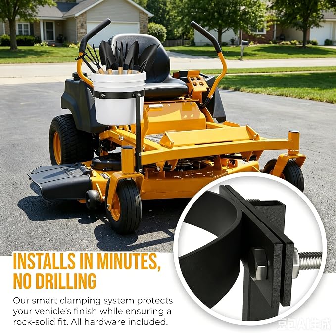 5 Gallon Bucket Holder 11.4 Inch Diameter, Adjustable Heavy-Duty Steel Storage Holder for Zero Turn Mower Accessories，Truck Bucket Organizer
