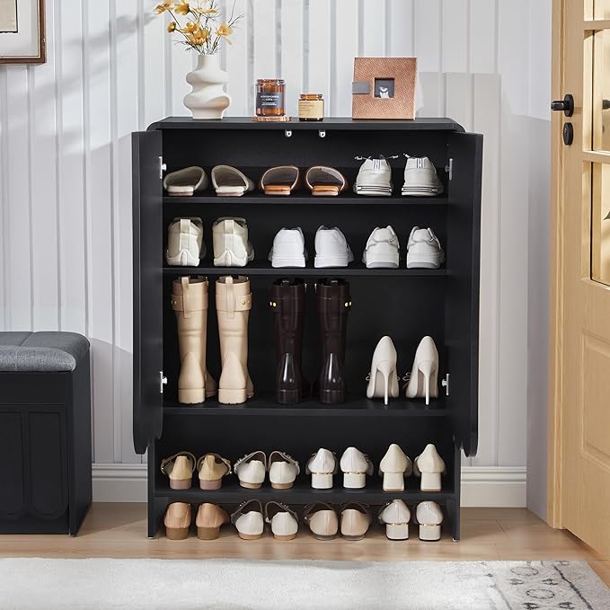 ORRD Shoe Storage Cabinet with Scalloped Doors, 5-Tier Wooden Shoe Cabinet with Adjustable Shelves, Shoes Rack Storage Organizer for Entryway, Hallway, Living Room, Black