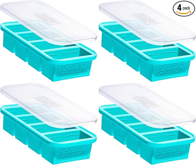 Souper Cubes 1 Cup Silicone Freezer Molds - Soup Cubes Perfect for Freezing Broth, Rice, Leftovers and More - Silicone Freezer Trays with Lids for Meal Prep - Aqua - 4-Pack