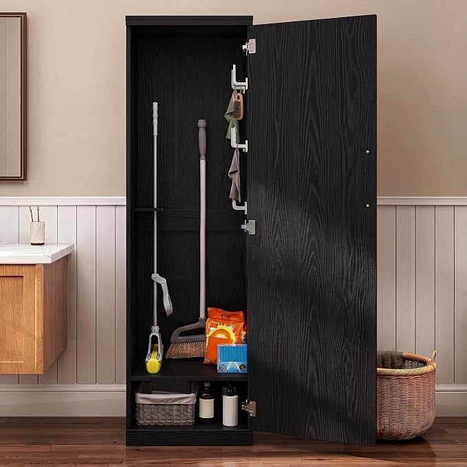 Broom Closet Storage Cabinet, 65" H Slim Utility Closet with Door and Shelf, Tall Vacuum Storage Cabinet with Hooks for Cleaning Tool, Broom Closet Organizer for Bathroom, Garage, Black