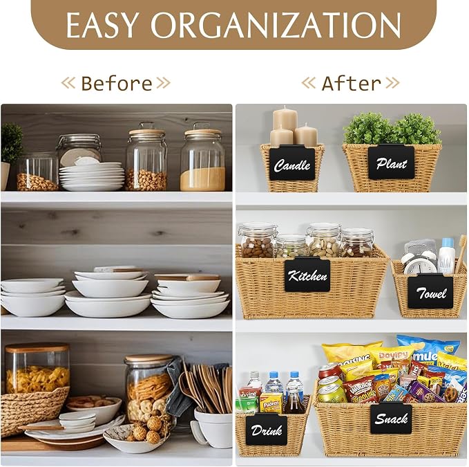 Marsui 6 Pcs Wicker Storage Baskets for Pantry Organization with Labels Handwoven Multi-size Natural Wicker Storage Bins for Organizing Small Baskets Container for Shelves Closet Toilet