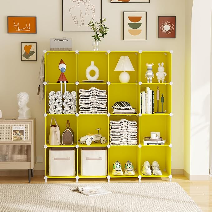 AWTATOS Cube Storage Organizer, Closet Organizers Storage Shelf, 16 Cube | DIY Stackable Storage Cube Shelves, Plastic Clothes Organizer Shelving for Bedroom, Home Office, Yellow