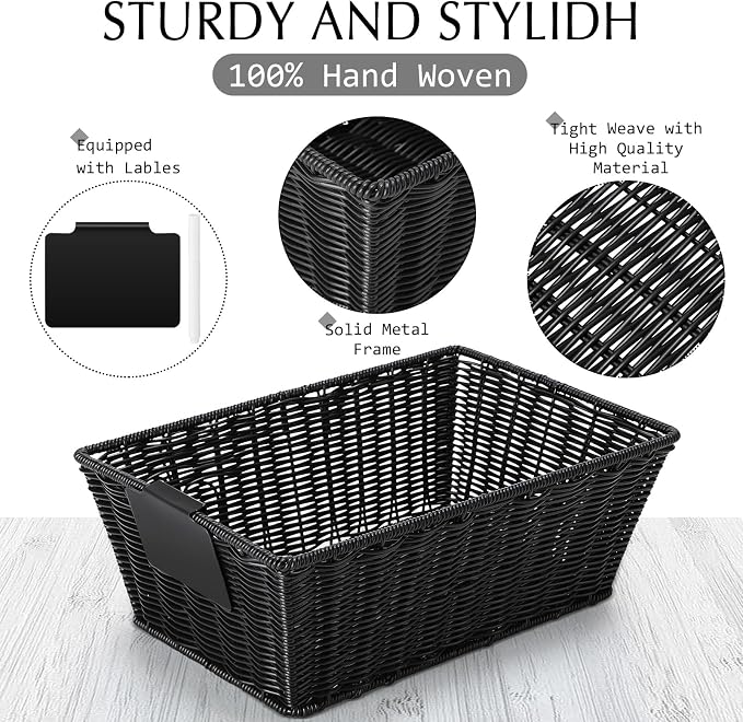 Marsui 6 Pcs Wicker Storage Baskets for Pantry Organization with Labels Handwoven Multi-size Black Wicker Storage Bins for Organizing Small Baskets Container for Shelves Closet Toilet