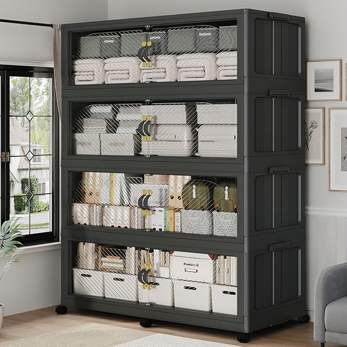 240Gal/960QT 4-Tiers Extra Large Stackable Storage Bins with Lid, Collapsible Cabinet Closet Organizer Plastic Container Box with Wheels Doors Drawers for Office Dorm Kitchen Office, Black