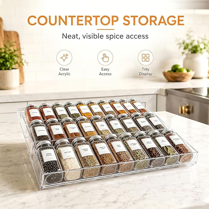 Spice Drawer Organizer,4 Tier Clear Acrylic Spice Rack for Drawer | Expandable 12" to 23", Seasoning Organizer Tray for Kitchen Drawer,Keep Spice Labels Visible and Easy to Grab,Organizer Only