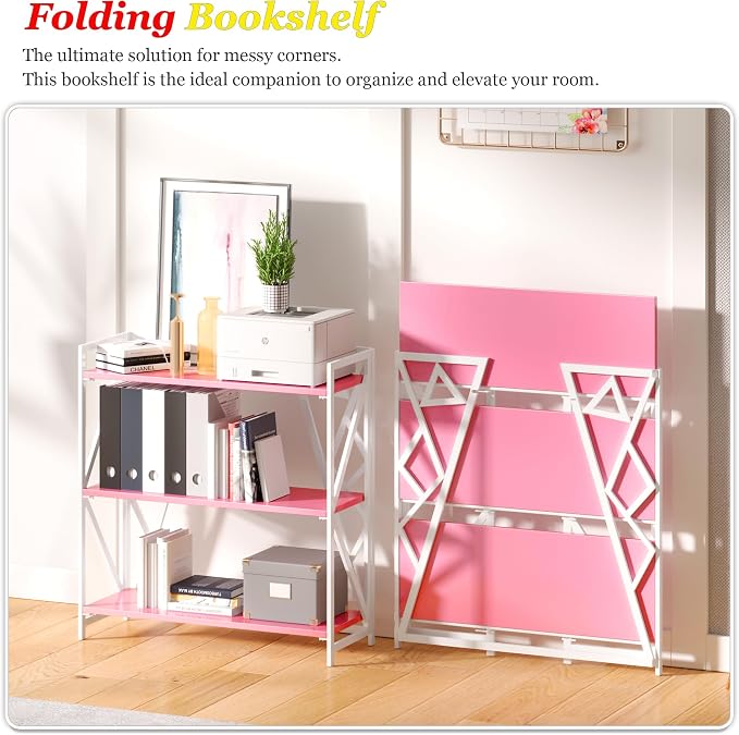 UDD No Assembly Wide Folding Bookshelf, 34" H x 30.9" W, 3 Tier Foldable Book Shelf Industrial Bookcase, Vintage Collapsible Storage Shelves for Home Office Living Room Bedroom, Pink White