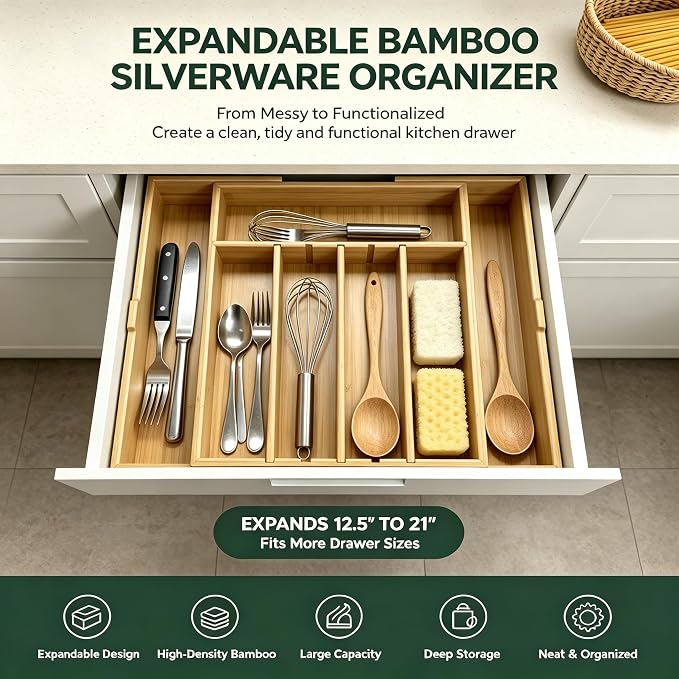Expandable Silverware Organizer | Upgraded Bamboo Kitchen Drawer Organizer, 12.5"-21" Adjustable Utensil Tray