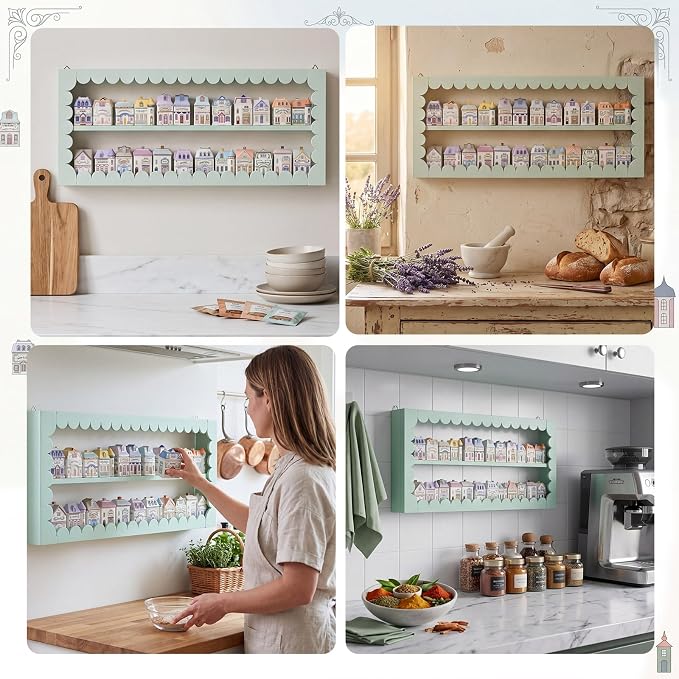 Chunful Vintage Spice Jar Wooden Rack Green Scalloped Aesthetic Spice Shelf for 24 Jars, Village Style Wall Mounting Kitchen Storage Decorative Hanging Display Rack, Shelf Only