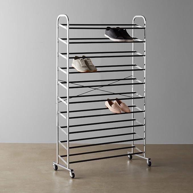 Amazon Basics 50-Pair Shoe Rack Organizer, Portable Rolling with Locking Wheels, Free Standing, 35.8 x 14.6 x 59.5 inches, Chrome