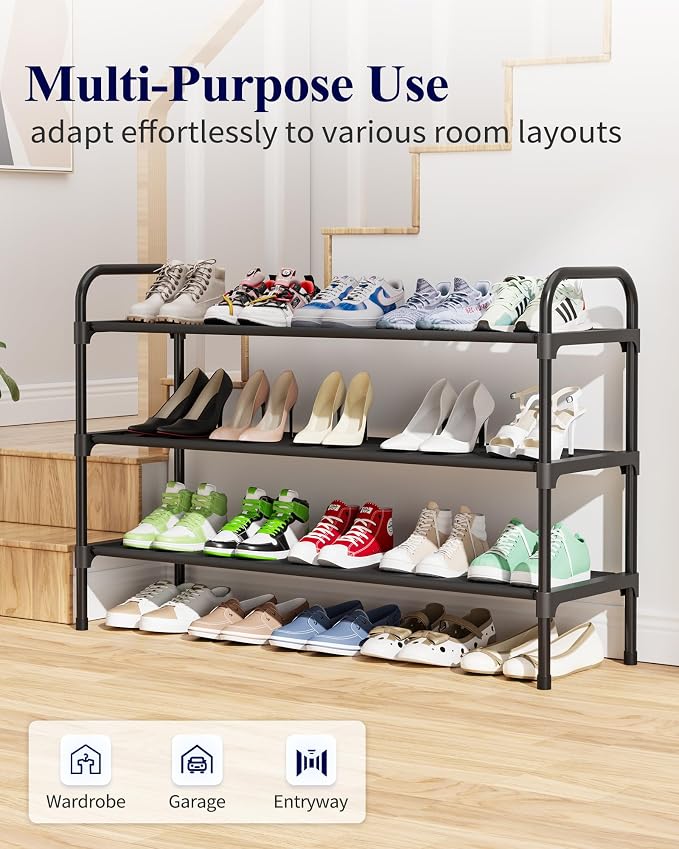 Kitsure Shoe Rack, 39" Wide Extra-Long Shoe Organizer, 3-Tier, Black | Closet, Front Door Entrance, Entryway, Stackable & Detachable Shelf, Closet Organizers and Storage