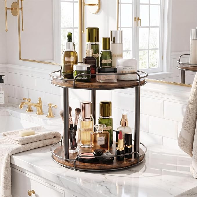 12'' Rotating Spice Rack, 2-Tier Lazy Susan Turntable Organizer | Wooden, for Cabinet, Table Top, Kitchen Countertop, Pantry, Bathroom, Vanity, Home Decor