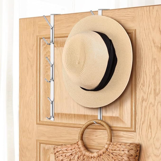 Tandefio 2 Pack 13.8" Over The Door Hook Hanger Comes with 6 Hooks from Large to Small Metal Extra Long Over The Door Hooks Hanger for Hats Rack Coat Scarf Purse Bags Scarf Keys and More (Silver)