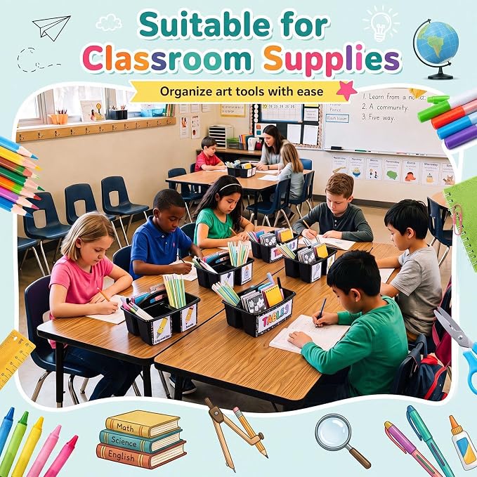 Hushee 6 Pcs Classroom Caddy Plastic Stackable Caddy Organizer with Handle 3 Compartment with 42 Label Portable Craft Basket Organization Storage for Desk Teacher Office School Supplies(Black)
