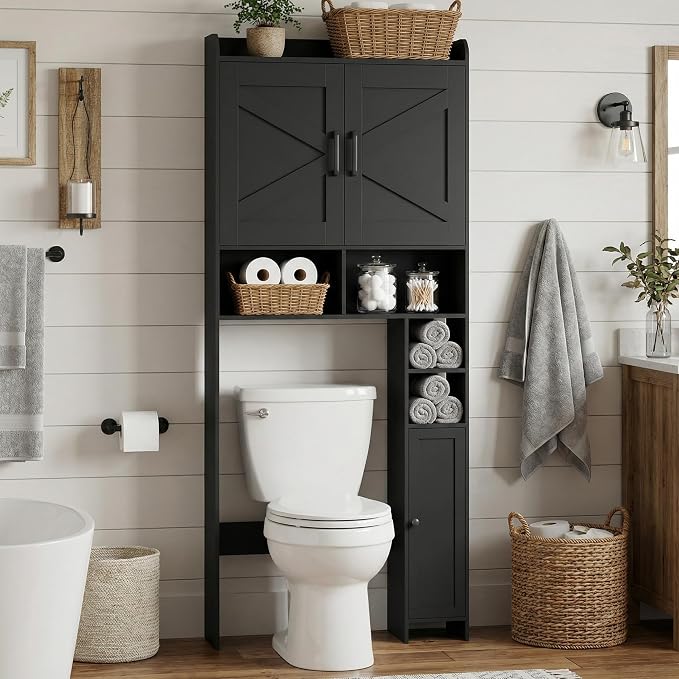 Homhedy Wooden Over The Toilet Storage Cabinet with Barn Door | Freestanding Bathroom Storage, Toilet Paper Holder, Adjustable Shelf,Space-Saving, Farmhouse Style, Black