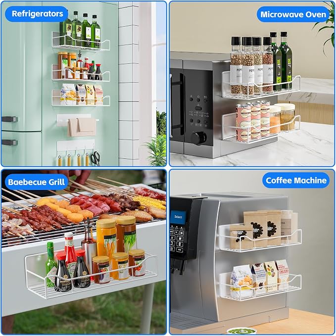 Magnetic Spice Rack for Refrigerator, 5 Pack Magnetic Fridge Organizer Shelves, Strong Magnetic Hold, No Drilling, Space Saving Storage Rack for Kitchen & Washing Machine Organizer (White)
