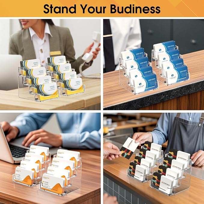 MaxGear Acrylic Business Card Holder, 320 Cards Capacity, 4 Pocket, 6 Pack | Clear Business Card Stand for Desk with 4 Tier, Clear Plastic Cards Display Holder for Exhibition, Home and Office