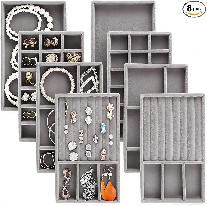 Jewelry Trays,Grey Velvet Stackable Organizer Trays,Drawer Inserts Jewelry Display Case For Rings Stud Necklaces Earring Organizer Tray for Women Girls-8 Pack