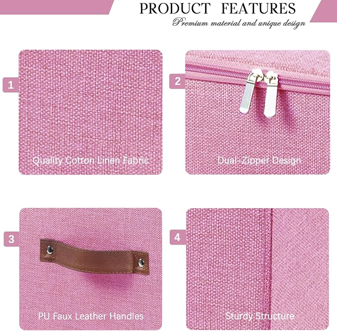 Storage Bins with Zipper Lid Foldable Fabric Lidded Storage Boxes Baskets Cubes Washable Collapsible PU Leather Handle Cotton Linen Shelves Closet Organizer Container(Pink, Large Size)
