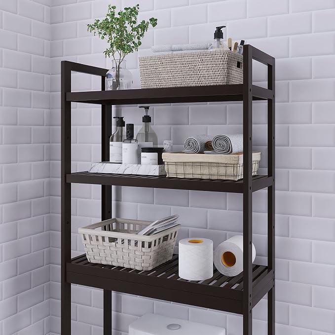 SMIBUY Bathroom Storage Shelf, Bamboo Over-The-Toilet Organizer Rack, Freestanding Toilet Space Saver with 3-Tier Adjustable Shelves (Dark Brown)