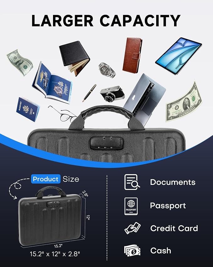 DOZAWA Fireproof Document Box, Waterproof Hard File Organizer with Lock | UL-94 VTM-0 certified 8-layer document box withstands up to 5200°F, featuring waterproof zippers for total file safety, Black
