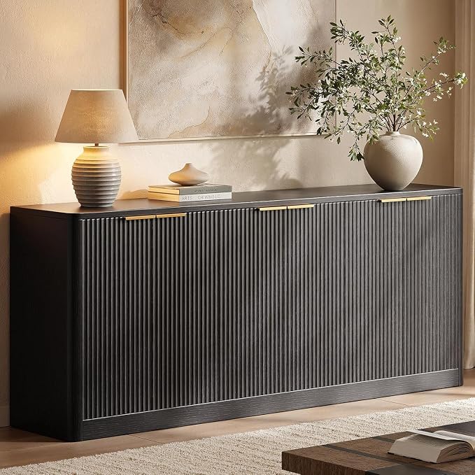Evermagin 67" Fluted Black Buffet Cabinet with Storage | Mid-century modern wood sideboard, large credenza with 6 doors for kitchen or living room, 67"W x 31.5"H x 15.7"D