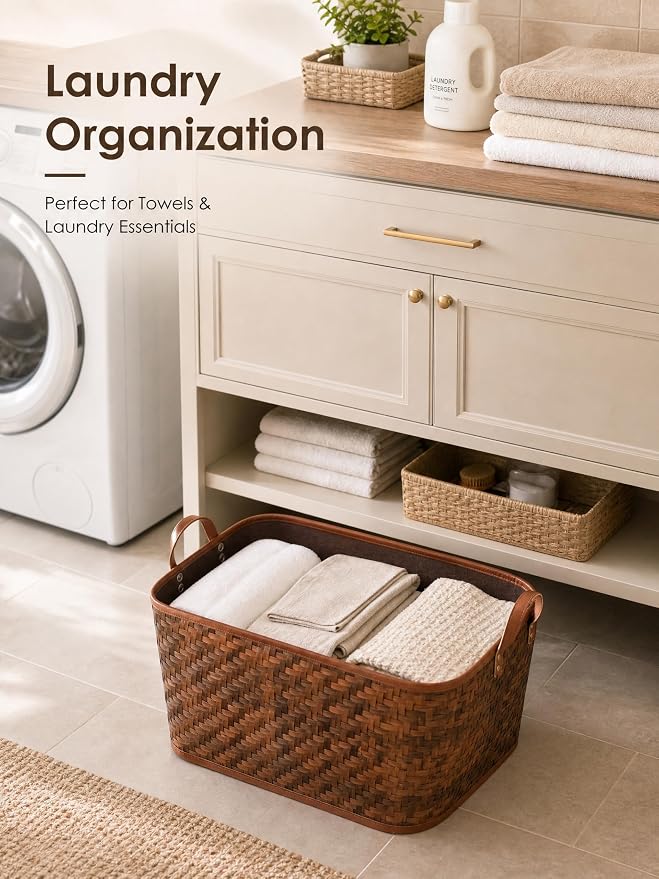 BROWNLILY Oversized Storage Baskets Laundry Hampers with Structured Frame & Supported Bottom, Extra Large Closet Bins for Shelves Blankets Car Bedroom Bathroom Organizers (Pack of 4, Brown)
