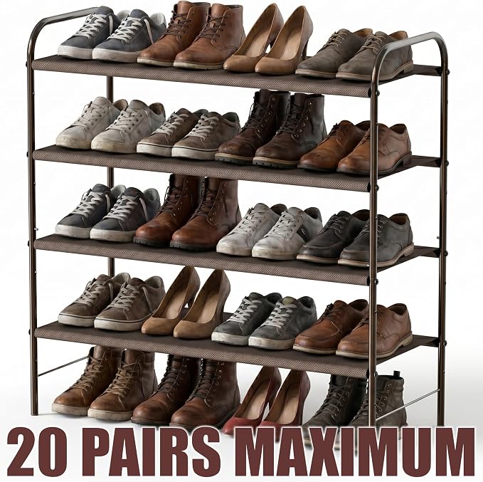 Simple Houseware 4-Tier Shoe Rack Storage Organizer, 12-20 Pair, Bronze | Space-Saving Shoe Shelf with Sturdy Metal Frame and Non-Woven Fabric Shelves for Entryway, Garage & Corridor