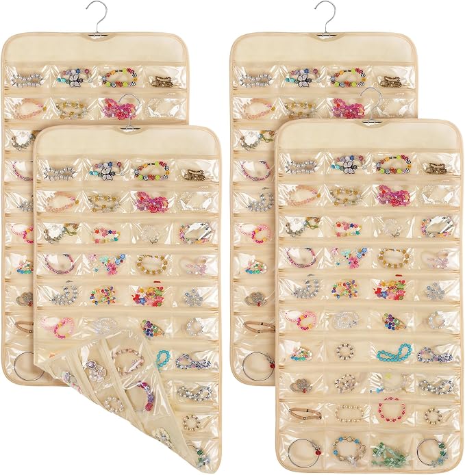 4 Pcs Hanging Jewelry Organizer with 80 Pockets | Dual-Sided Jewelry Holder Hanging Storage Organizer Hanger Closet for Bracelet Necklace Ring Earring Accessories, Beige