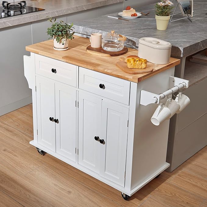 VEVOR Kitchen Island Cart with Solid Wood Top, 35.4" Width Mobile Carts with Storage Cabinet, Rolling Kitchen Table with Spice Rack, Towel Rack, and Drawer, Portable Islands on Wheels, White | Rolling Kitchen Table with Storage Cabinet, Spice Rack, Tow...