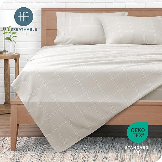 Bare Home Queen Sheet Set - Luxury 1800 Ultra-Soft Microfiber Bed Sheets - Double Brushed - Deep Pockets - Easy Fit - 4 Piece Set - Bed Sheets (Queen, Modern Plaid - Stone/White)