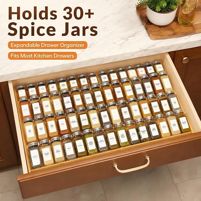 Bamboo Spice Drawer Organizer Expandable(Fits 2.6” Deep Drawers), 4-Tier Spice Rack Drawer Insert for Kitchen Cabinets(12" - 21.9" Width), Adjustable Seasoning Storage Insert (Jars Not Included)