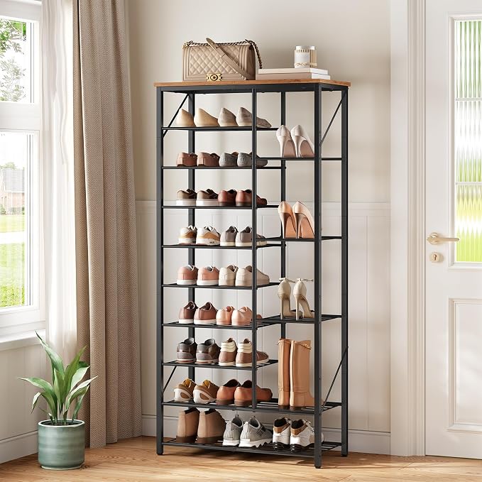 HOOBRO 10 Tier Shoe Rack for Entryway, Large Capacity Tall Shoe Storage | 27.6" L Shoe Shelf, Storage Organizer with Metal Plates, Sturdy and Stable, for Bedroom, Hallway, Closet Rustic Brown