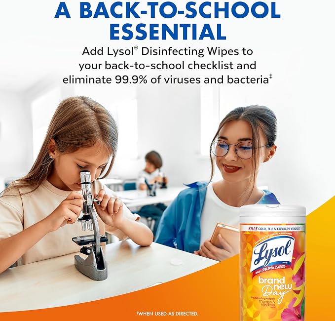 Lysol Disinfecting Wipes, Multi-Surface Cleaner, Mango, 80 ct. | All Purpose Cleaner, Sanitizing, Deodorizing, Apartment Essentials, Back To School Cleaning Supplies, Kitchen & Bathroom Wipe