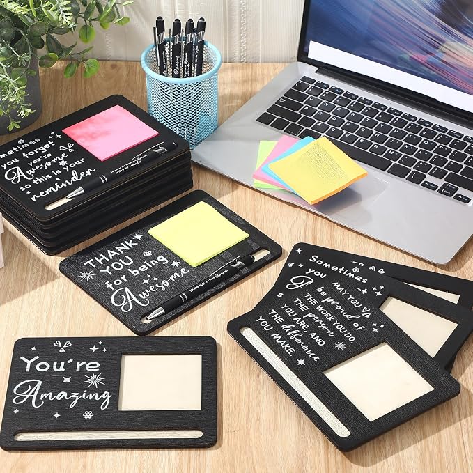 Kosiz 10 Set Back to School Teacher Gifts Wooden Sticky Note Holder with Notes and Ballpoint Pens Inspirational Sticky Notes Set for Teacher Back to School Thank You Gifts, Black