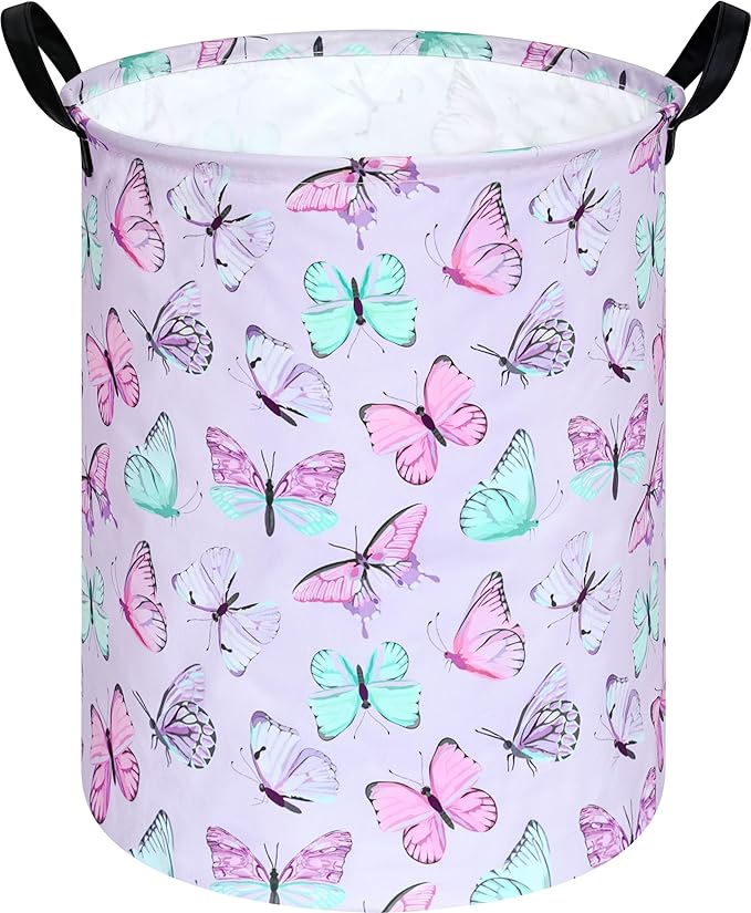 KUNRO Round Laundry Gift Basket Storage Hamper, Clothes Storage Organizer Bins, Shelf Basket with Handles for Room Decor (Purple Butterfly)