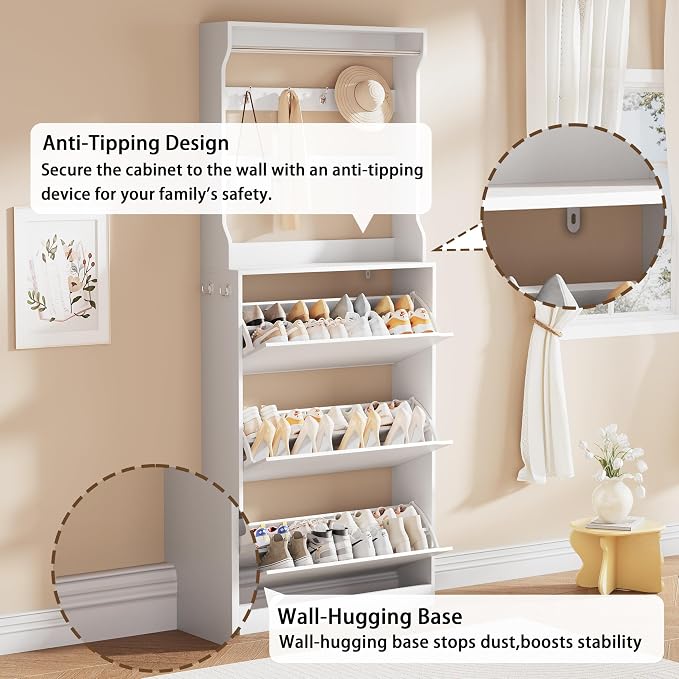 Shoe Storage Cabinet, Wood Shoe Organizer for Entryway with 3 Flip Drawers, Freestanding Shoe Rack with Adjustable Shelf, Narrow Shoe Dresser for Front Door Entrance (White, Tall 3 Drawers)