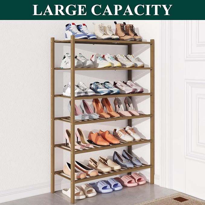 Smiry Bamboo Shoe Rack for Closet, 6 Tier Wooden Shoe Organizer, Stackable Wood Shoe Storage Shelf for Entryway, 14 Vertical Slats, 3+3 Stack Heavy-Duty Legs, 26.77"x11.02"x36.61", Walnut